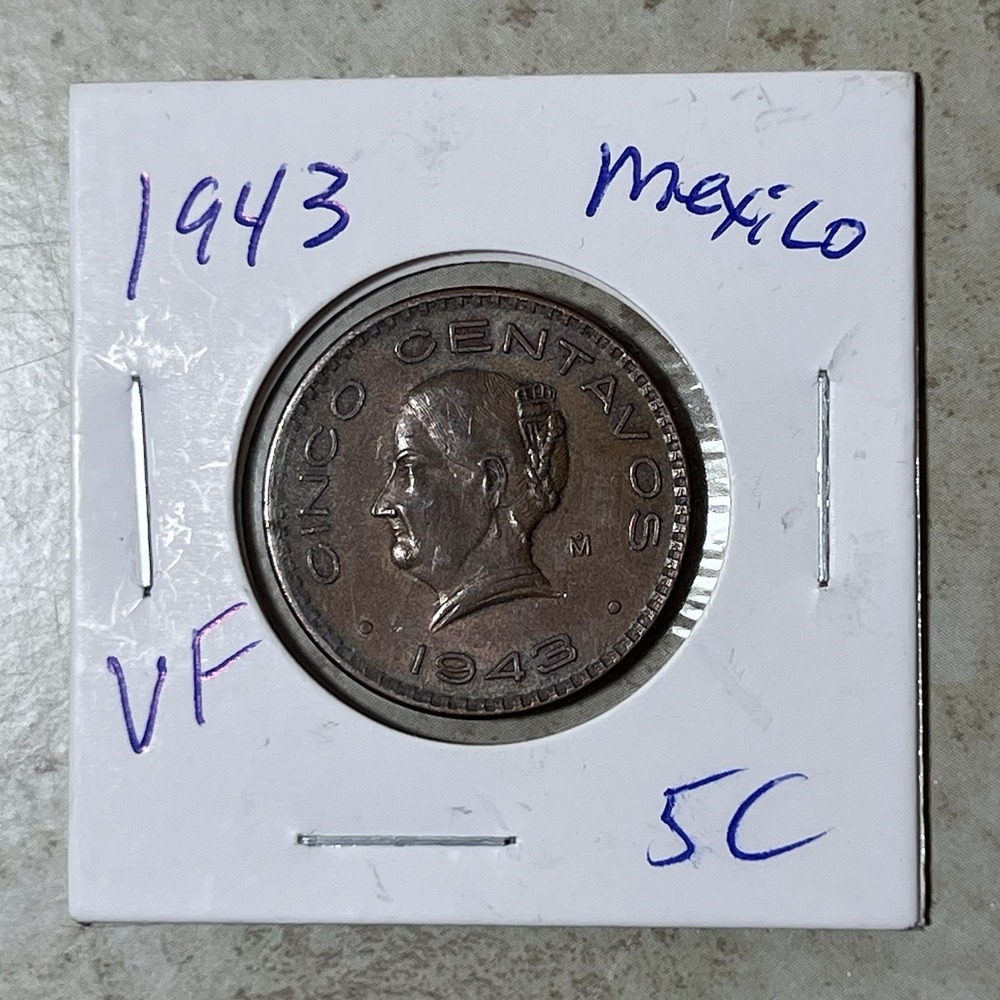 1943 Mexico Cinco Centavos Coin - VF Very Fine - Josefa Ortiz de Dominguez